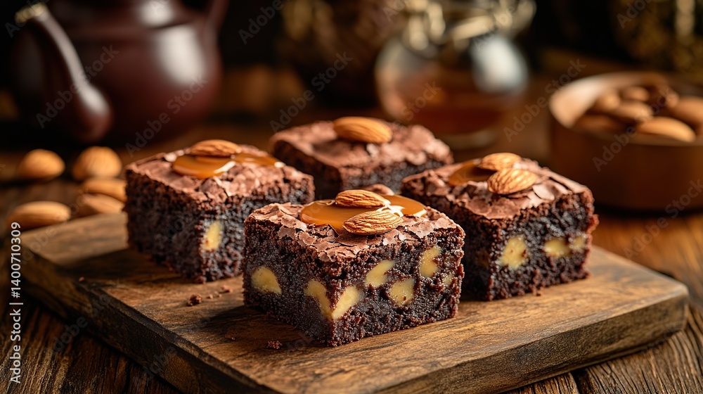 Rich and fudgy brownies with slivers of almond and a drizzle of caramel sauce