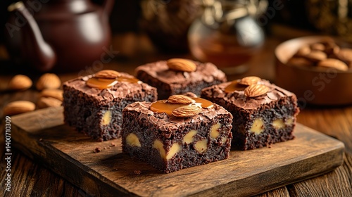 Obraz na płótnie Rich and fudgy brownies with slivers of almond and a drizzle of caramel sauce w salonie