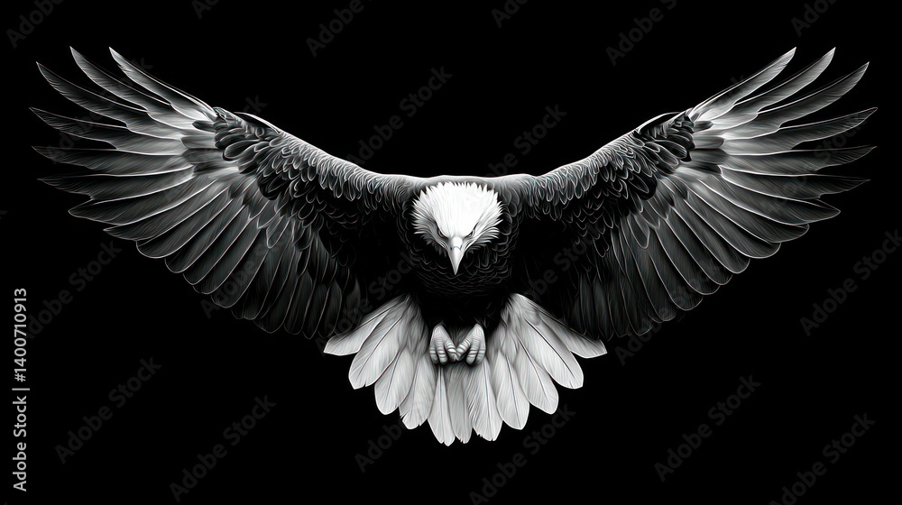 A striking, high-contrast portrait of an eagle with widespread wings against a black background.