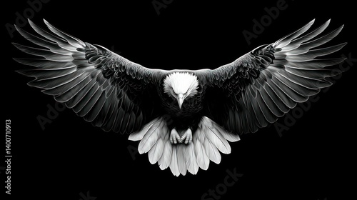 Obraz na płótnie A striking, high-contrast portrait of an eagle with widespread wings against a black background. w salonie
