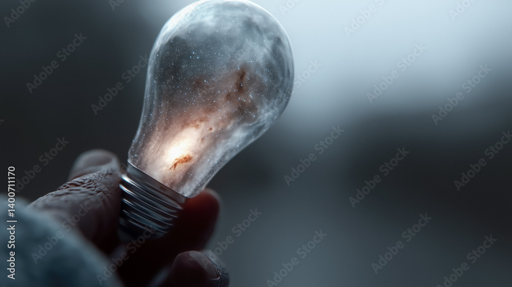 Galaxy light bulb in a hand against a dark background.