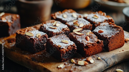 Obraz na płótnie Rich and fudgy brownies with slivers of almond and a drizzle of caramel sauce w salonie