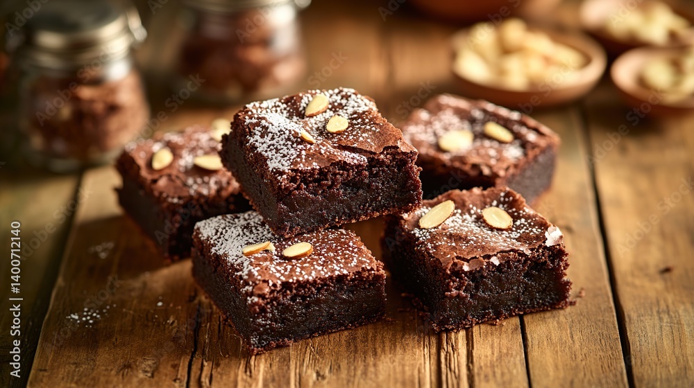 Rich and fudgy brownies with slivers of almond and a drizzle of caramel sauce