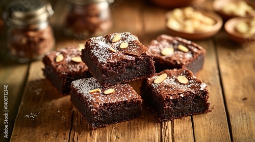 Obraz na płótnie Rich and fudgy brownies with slivers of almond and a drizzle of caramel sauce w salonie