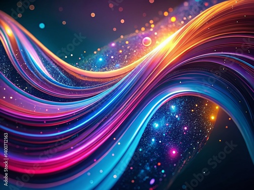 Abstract Cosmic Nebula: Colorful Neon Lines & Dots, Dark Blue Purple Background, Generative AI Macro Photography