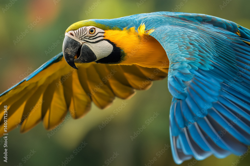 Blue-and-yellow macaw in flight against a blurred background.