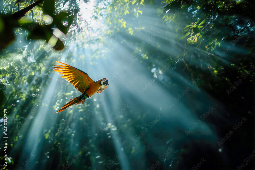 Macaw flying through sunbeams in a dark forest.