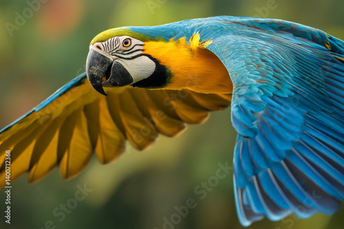 Obraz na płótnie Blue-and-yellow macaw in flight against a blurred background. w salonie