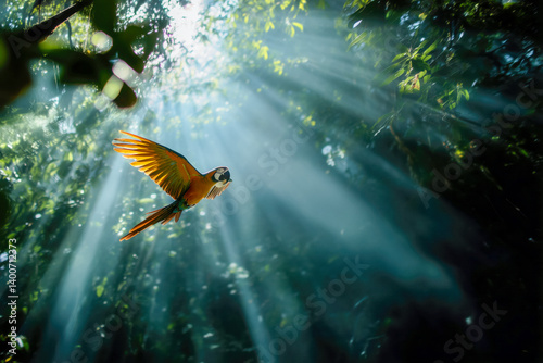 Obraz na płótnie Macaw flying through sunbeams in a dark forest. w salonie