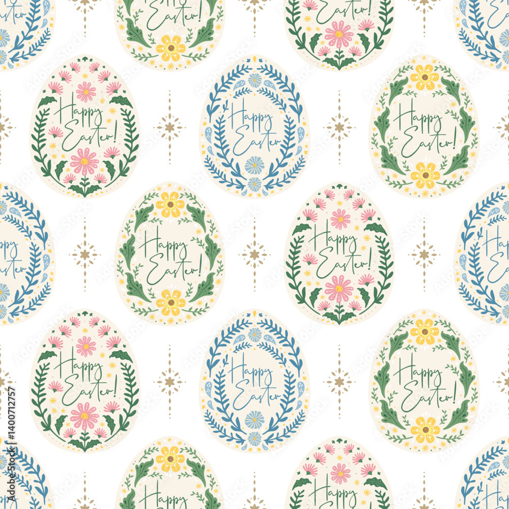 Beautiful vintage easter bunny eggs seamless pattern with floral flower spring garden meadow folk art drawing style for print textile fabric paper background wallpaper wrapping etc