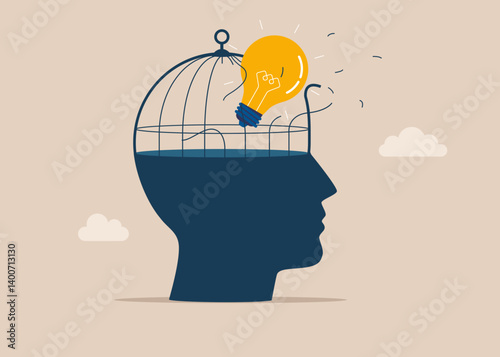 Light bulb breaking out the cage on Big head human, think growth mindset concept. Escape from the prison of the mind. Unlock business idea. Vector illustration.