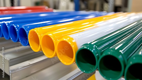 Colorful cylindrical tubes in a factory production line display