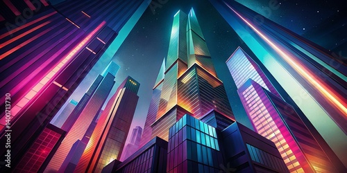 Abstract Cityscape: Low Light Skyscrapers, Bold Geometric Design, Night Urban Scene