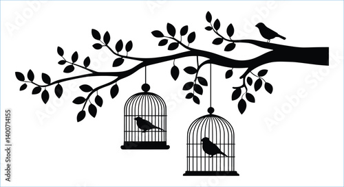 Bird cage silhouettes hanging from tree branch vector. Decorative tree branch with bird cages vector art