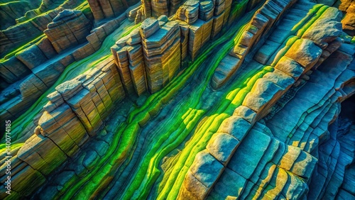 Abstract Brutal Rock Formation: Animated Green Stripes, Comic Style Aerial Drone Shot