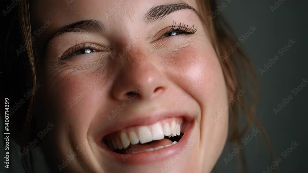 Joyful moments captured in close up portrait, where beautiful smile radiates happiness and warmth, creating atmosphere of laughter and emotion.