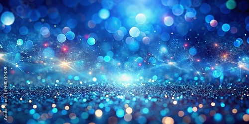 Abstract Bright Blue Glitter Background, Shimmering Bokeh, 3D Render, Long Exposure Photography