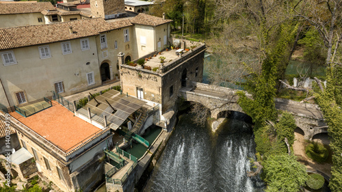 Aerial view of the bridge in Isola del Liri, simply known as Isola Liri. It is an Italian city of Lazio, Italy, in the province of Frosinone.