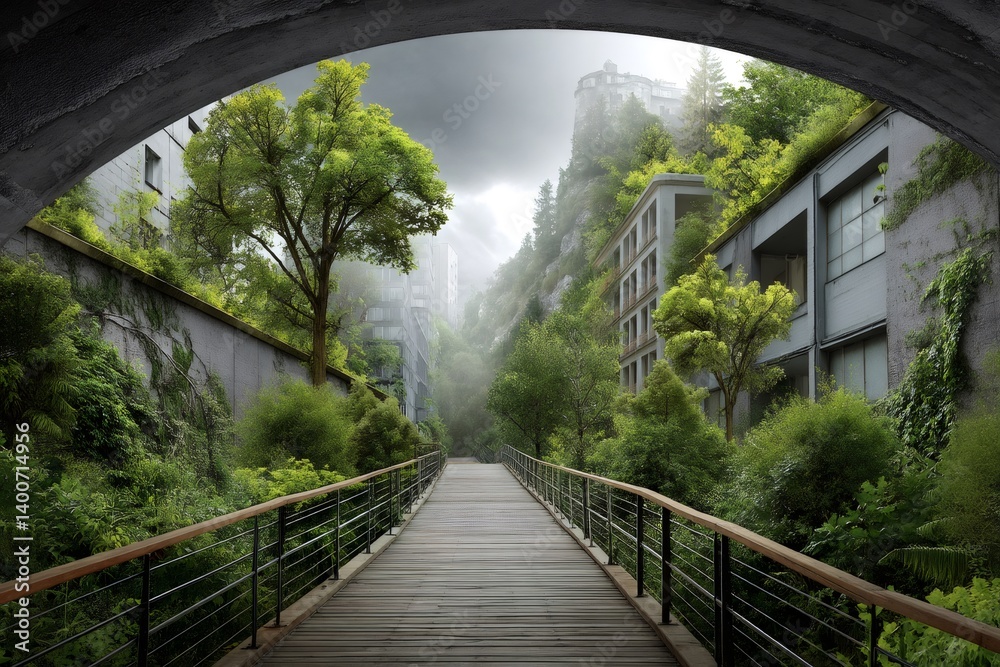 Fototapeta premium Wooden walkway leads into sustainable green city under concrete arch