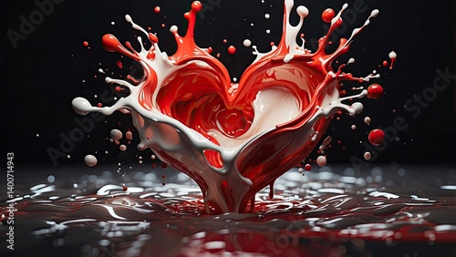 A red heart-shaped object is seen splashing into a pool of white liquid