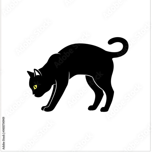 Curiosity Cat: Silhouette of a sleek black cat, arched in focused curiosity. Its bright yellow eyes, its attentive posture and curved tail exude a sense of alert interest.