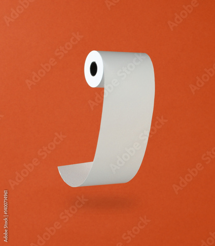 Roll of cash register tape levitation on orange background with shadow photo