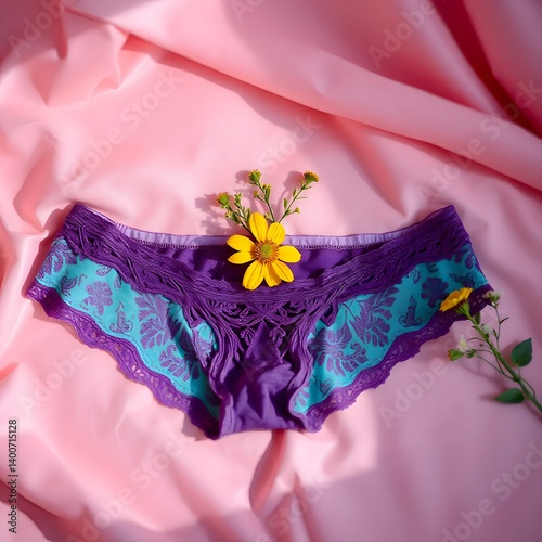 Floral Elegance: Purple Lace Lingerie on Pink Satin
