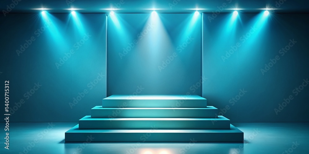 Obraz premium Abstract Blue Studio Background with Spotlight, Staircase & Stage Lights for Product Photography