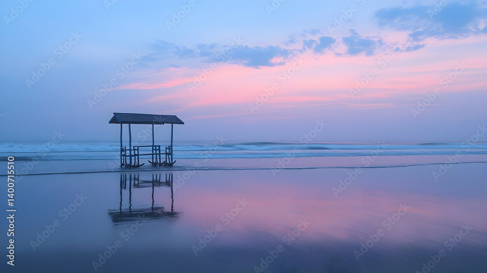 Peaceful Beach Scenery at Sunset with Blue and Pink Sky Calm Ocean Water Reflecting Colors and Small Wooden Structure on the Shoreline Peaceful Beach Scenery at Sunset with Blue and Pink Sky Calm Ocean Water Reflecting Colors and Small Wooden Structure on the Shoreline