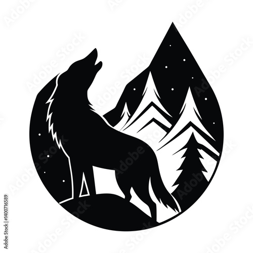 A wolf howling with mountains inside silhouette on white background.