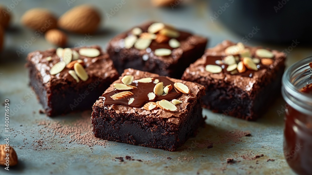 Homemade brownies with gooey fudge center, topped with crunchy almond flakes