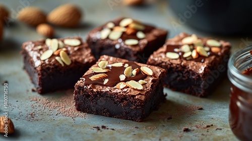 Obraz na płótnie Homemade brownies with gooey fudge center, topped with crunchy almond flakes w salonie