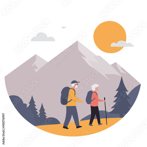 Senior couple on mountain trail. Mountain trails of golden age - senior couple enjoys harmony with nature and each other.