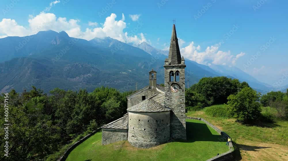 Aerial view Church of San Maurizio di Moron located in Saint Vincent in the Aosta Valley Italy Aerial view Church of San Maurizio di Moron located in Saint Vincent in the Aosta Valley Italy