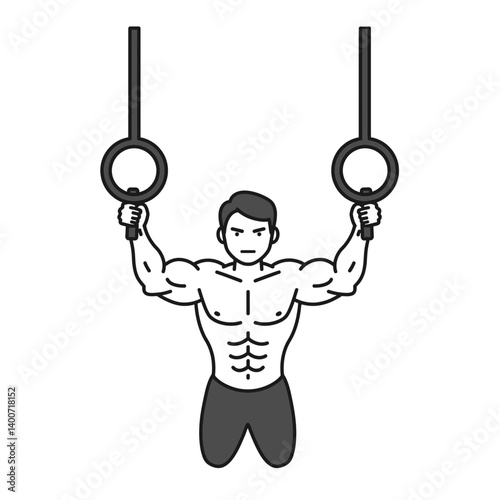 Strength and Balance: A muscular individual demonstrates prowess on gymnastic rings, showcasing the peak of physical strength, discipline, and dedication to fitness in a graphic style.