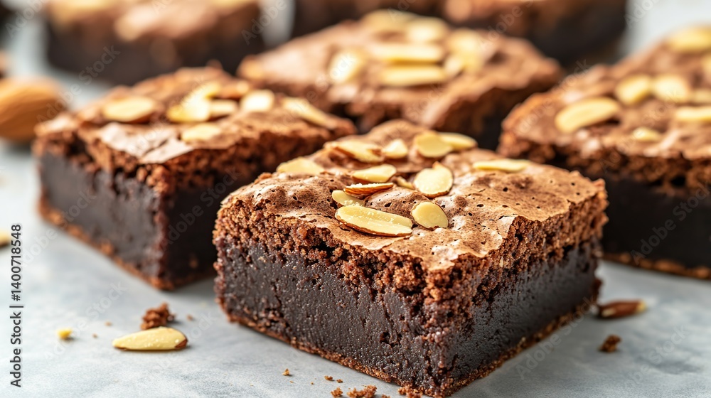 Homemade brownies with gooey fudge center, topped with crunchy almond flakes