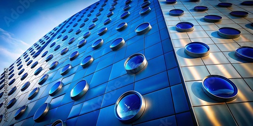 Abstract Architectural Photography: Modern Blue Round Buttons on Building Facade