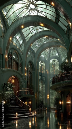 Stunning Art Deco Interior of a Grand Greenhouse with Lush Foliage, Natural Light Streaming Through Ornate Glass Ceiling, Evoking a Serene and Elegant Atmosphere in a Modern Architectural Style