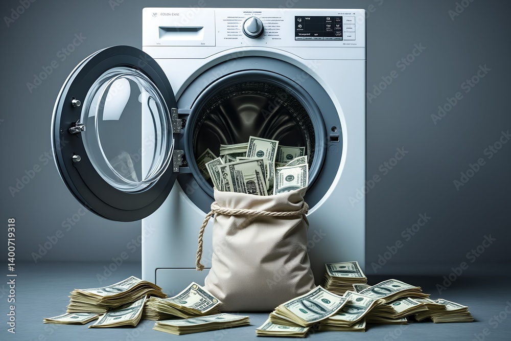 Conceptual image of money laundering showing a sack full of dollar bills inside a washing machine. Symbolic financial crime illustration.