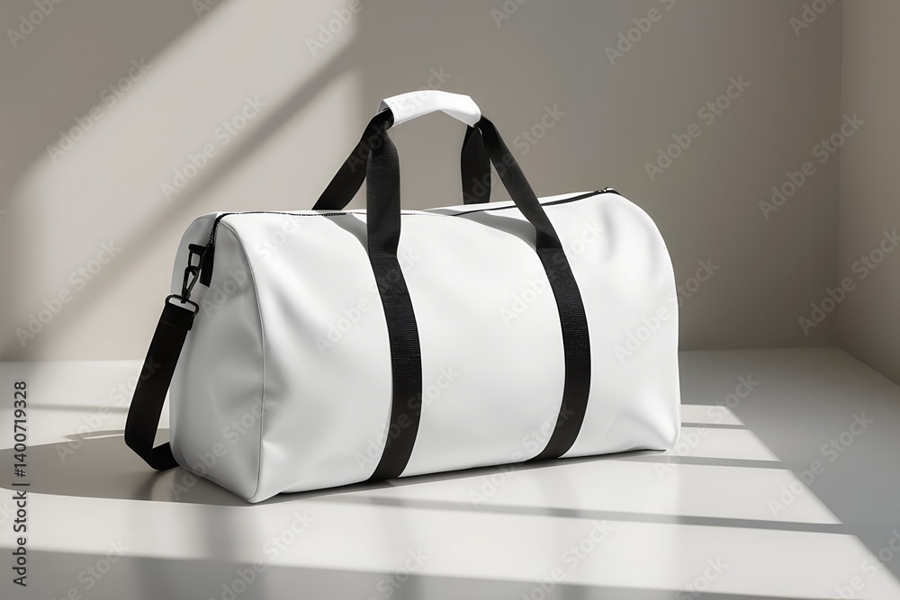 High-resolution white duffel bag mockup with black straps placed on clean white surface with natural light and shadows. Ideal for travel, sports, or fashion branding.