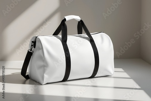 Obraz na płótnie High-resolution white duffel bag mockup with black straps placed on clean white surface with natural light and shadows. Ideal for travel, sports, or fashion branding. w salonie