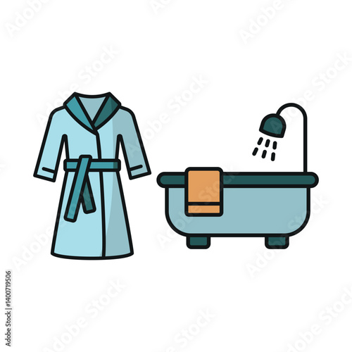 Bathtub and bathrobe icon reflects relaxation, spa moments, and cozy self-care in a calm environment.