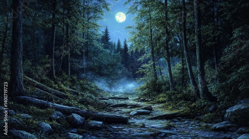 Moonlit forest trail with fallen trees, mist and rocks under a glowing full moon in a mystical night landscape