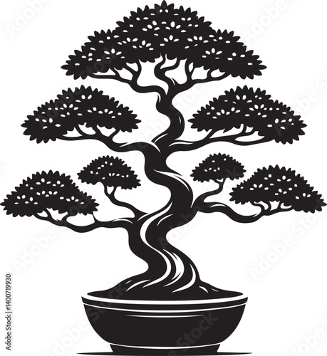 Bonsai Tree vector illustration silhouette on White Background in summer nature
