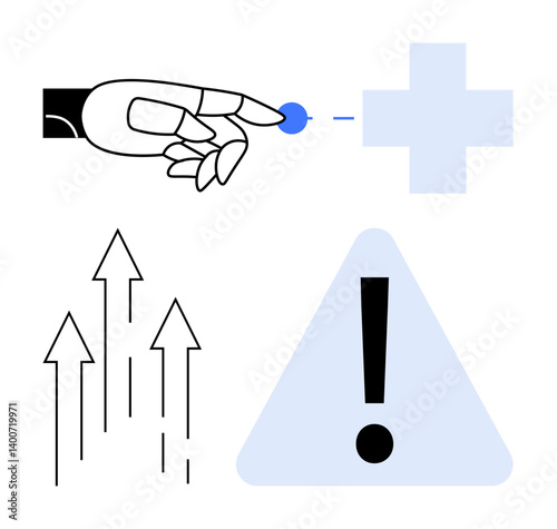 Robotic hand taps interface near medical cross, arrows indicate growth, triangle with exclamation conveys warning. Ideal for technology, AI, healthcare, progress, innovation safety caution. Flat