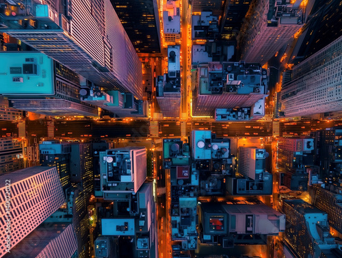 A nighttime cityscape showcases a grid of streets filled with glowing lights and towering buildings. The perspective highlights the urban density and activity as evening descends Generative AI