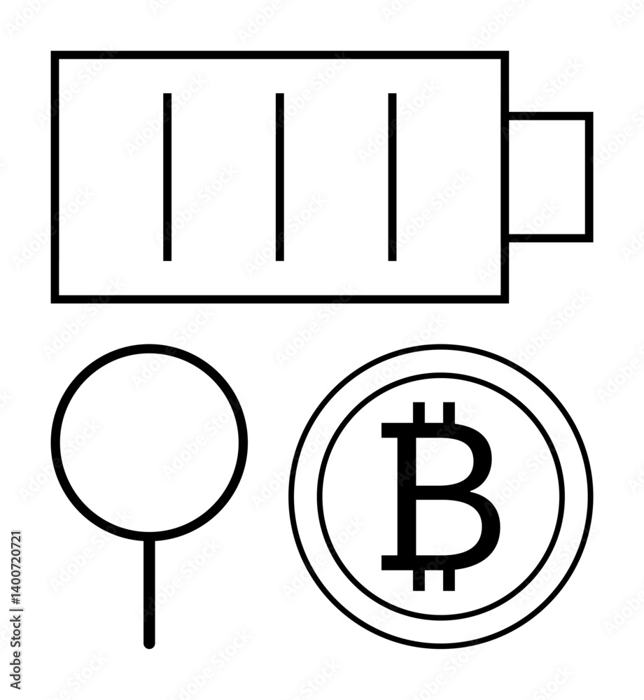 Obraz premium Battery charge, magnifying glass, and Bitcoin sign outline holding energy, focus, and crypto themes. Ideal for technology, finance, sustainability, research innovation cryptocurrency productivity
