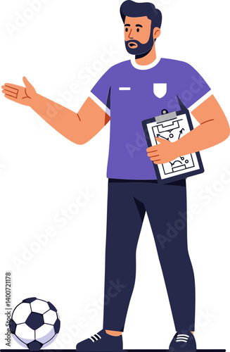 Soccer Coach with Game Strategy: A dedicated soccer coach, standing confidently beside a soccer ball, meticulously details tactics on a clipboard, demonstrating a strategic approach to the game.