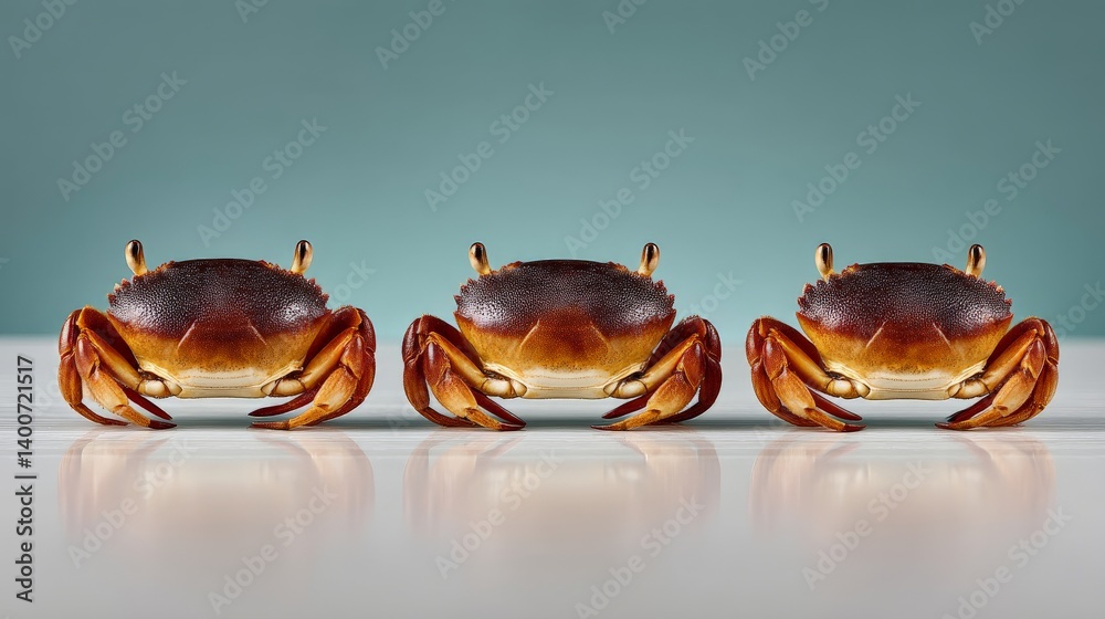Three cooked crabs aligned side by side on a white reflective surface with a minimal background showing crustacean food concept in seafood stock photo format