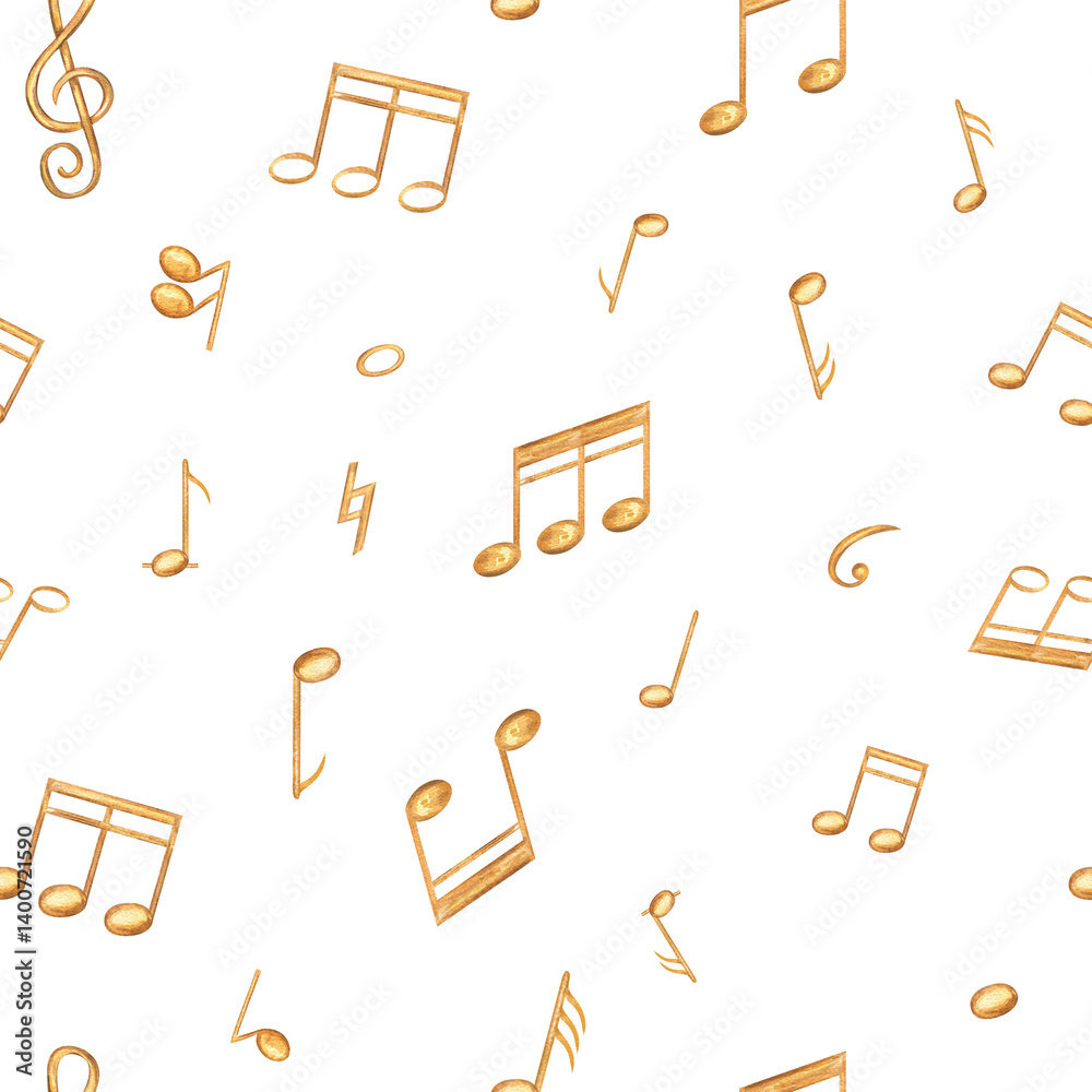 Obraz premium Golden yellow abstract musical notes seamless watercolor banner isolated background. Hand painted music symbols illustration for concert program, premium stationery, wedding invitation, festive decor.